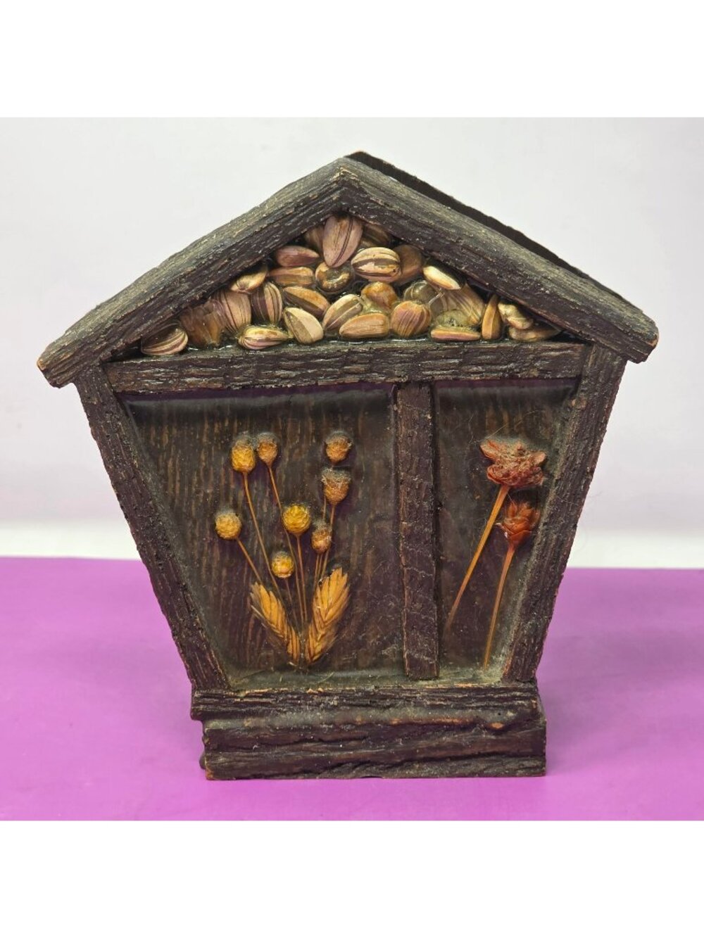 Vintage Handmade Rustic Wood Napkin Holder Dried Flowers Seed Pod Folk Art Decor